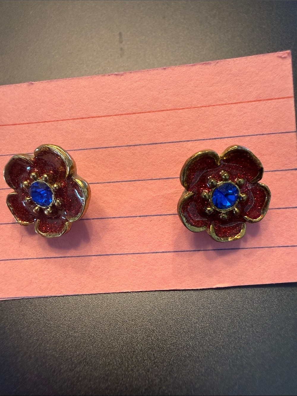 Betsey Johnson Gold-Tone Red Flower Stud Earrings with Blue Crystal Center